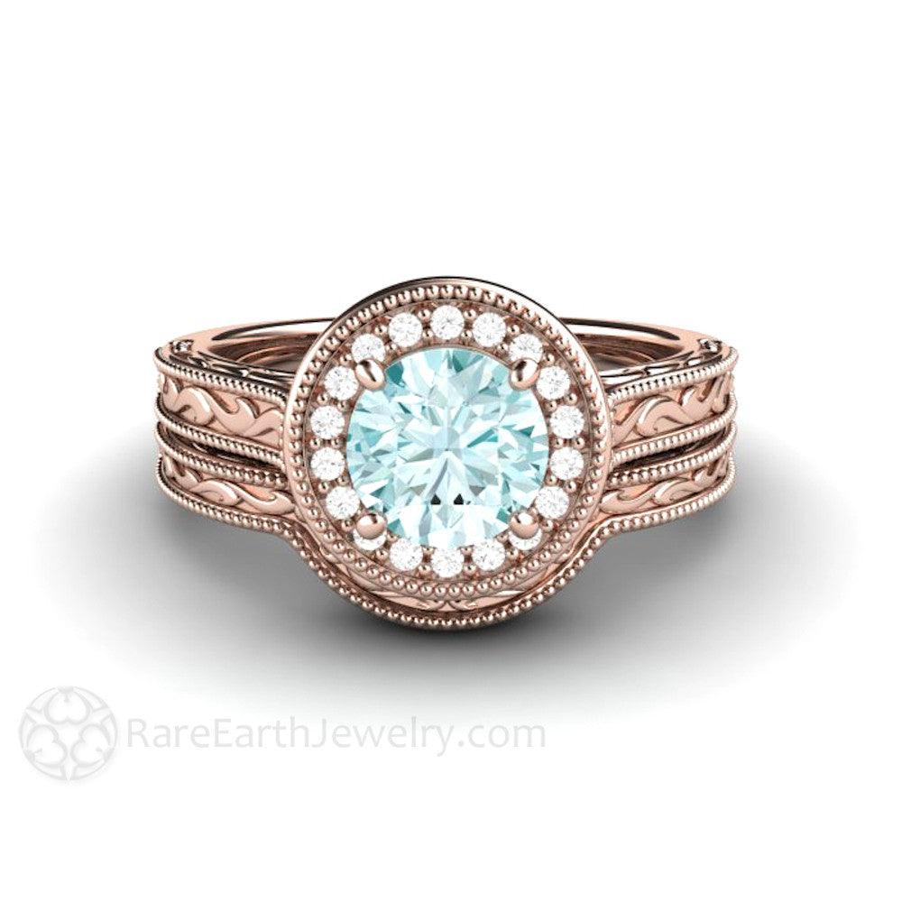 Blue Moissanite Engagement Ring Vintage Engraved Halo, Rare Earth Jewelry