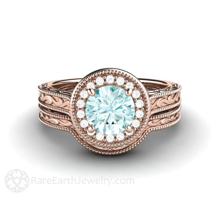 Blue Moissanite Engagement Ring Vintage Engraved Halo, Rare Earth Jewelry