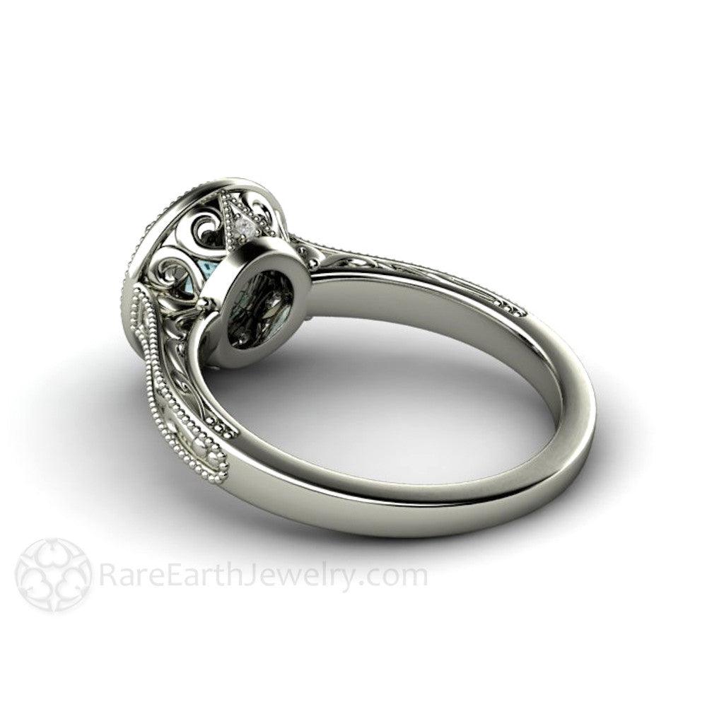 Blue Moissanite Engagement Ring Vintage Engraved Halo, Rare Earth Jewelry