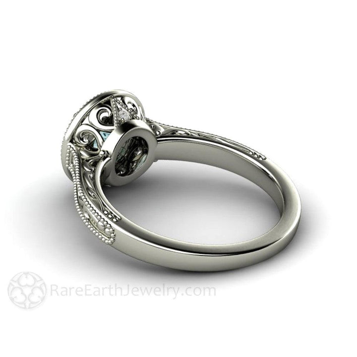 Blue Moissanite Engagement Ring Vintage Engraved Halo, Rare Earth Jewelry