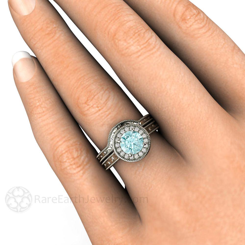 Blue Moissanite Engagement Ring Vintage Engraved Halo, Rare Earth Jewelry