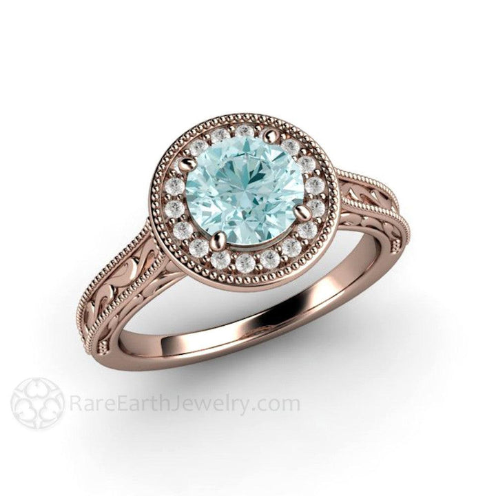 Blue Moissanite Engagement Ring Vintage Engraved Halo, Rare Earth Jewelry