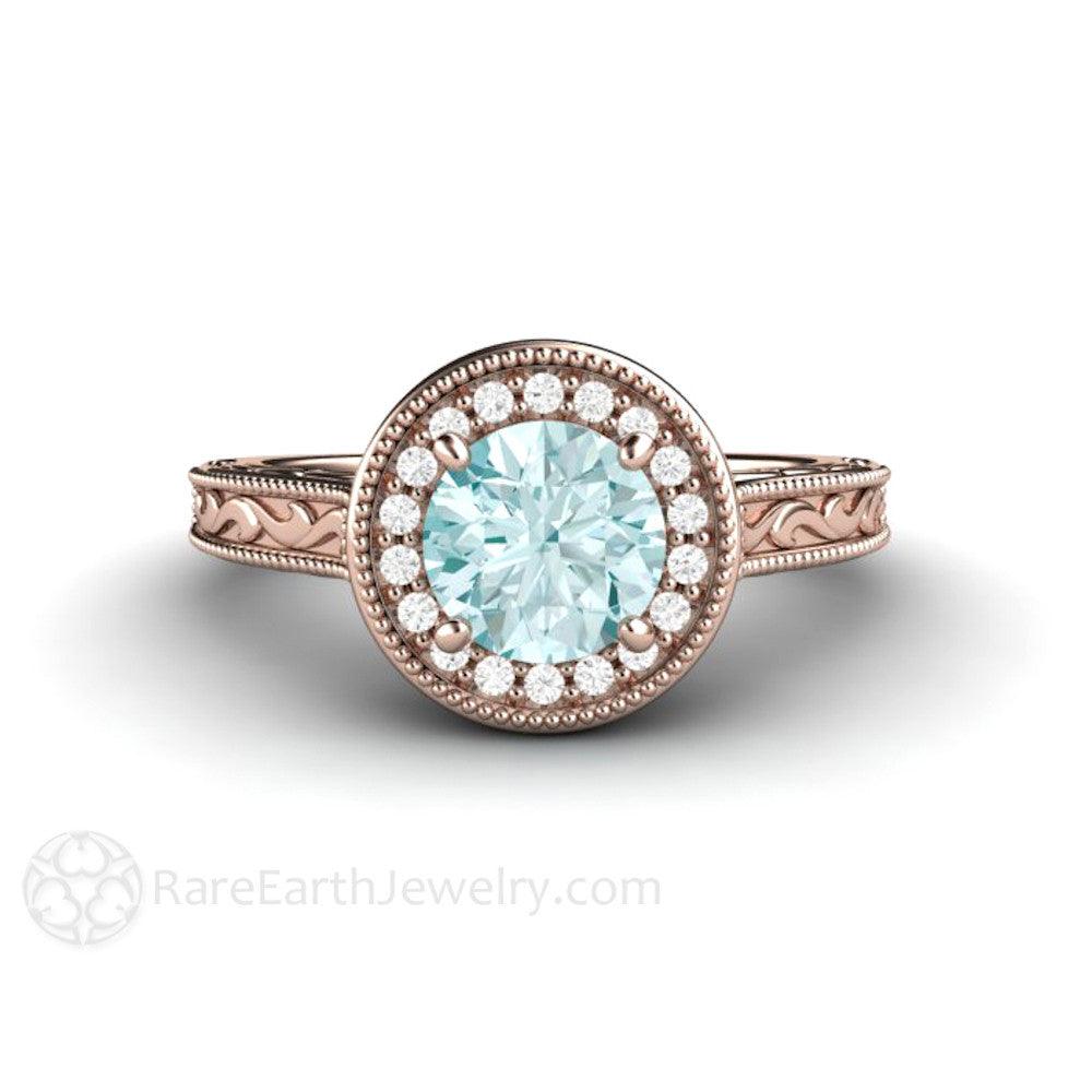 Blue Moissanite Engagement Ring Vintage Engraved Halo, Rare Earth Jewelry