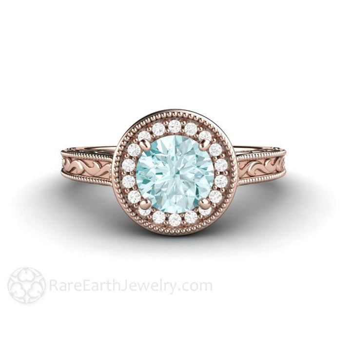 Blue Moissanite Engagement Ring Vintage Engraved Halo, Rare Earth Jewelry