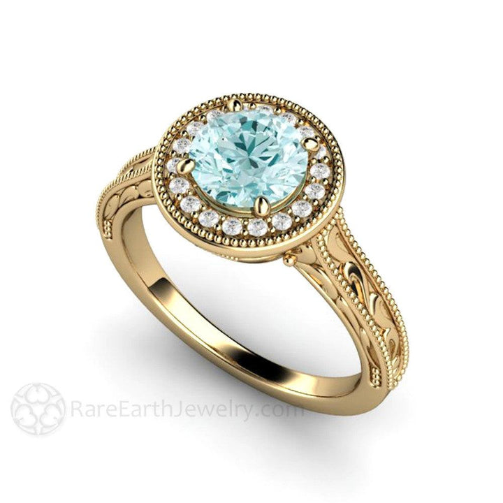 Blue Moissanite Engagement Ring Vintage Engraved Halo, Rare Earth Jewelry