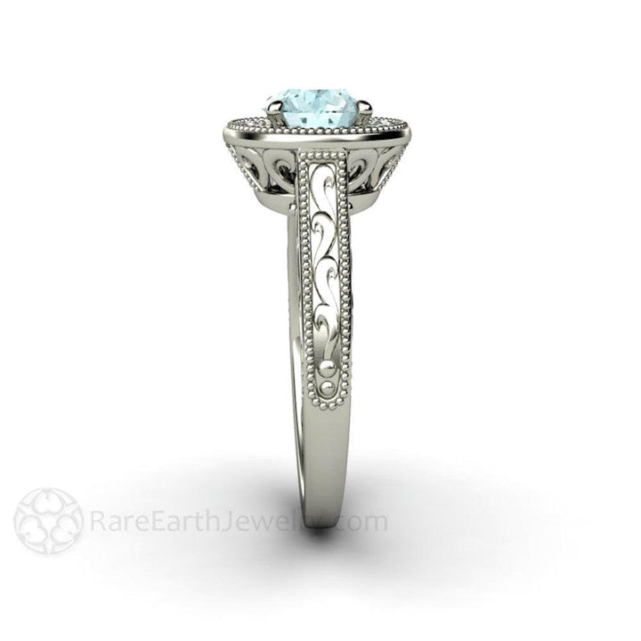 Blue Moissanite Engagement Ring Vintage Engraved Halo, Rare Earth Jewelry