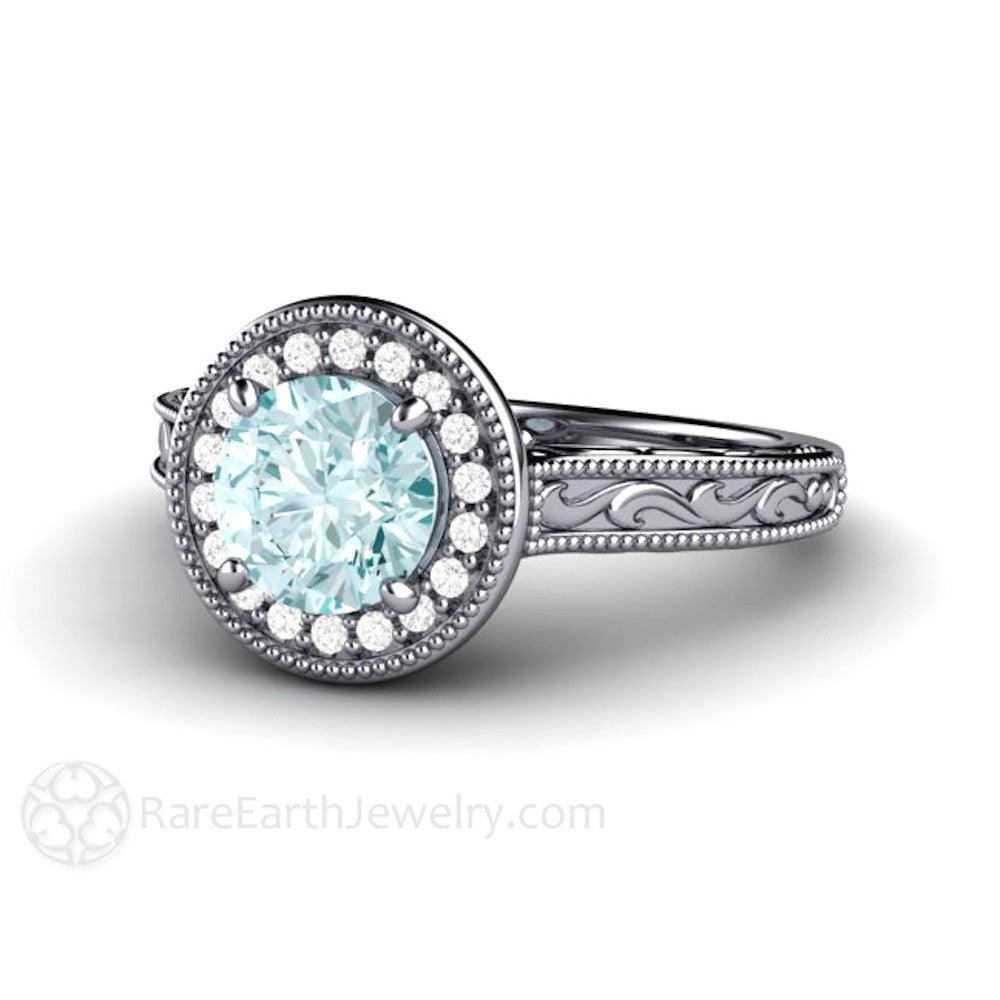 Blue Moissanite Engagement Ring Vintage Engraved Halo, Rare Earth Jewelry