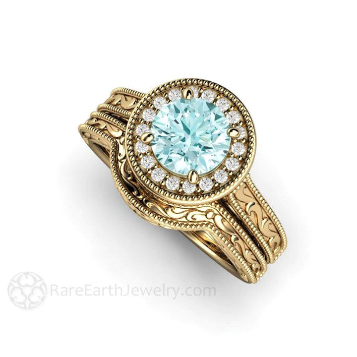 Blue Moissanite Engagement Ring Vintage Engraved Halo, Rare Earth Jewelry