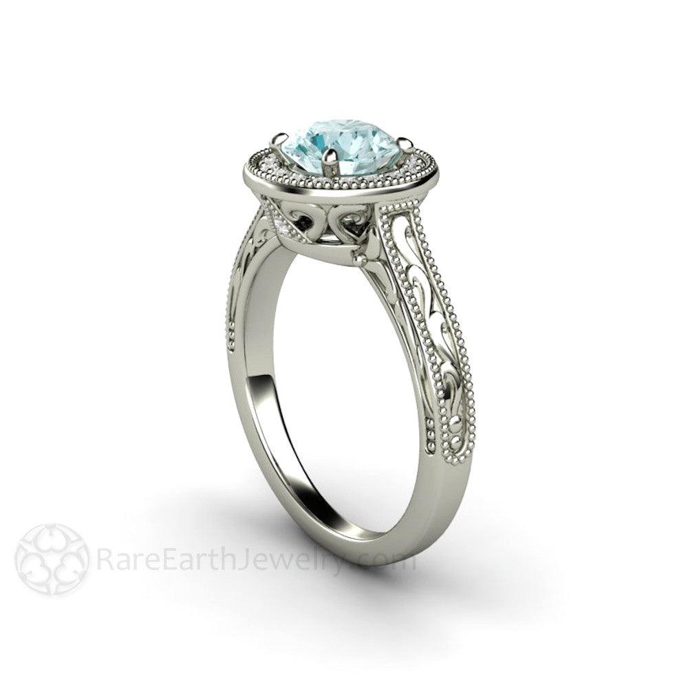 Blue Moissanite Engagement Ring Vintage Engraved Halo, Rare Earth Jewelry