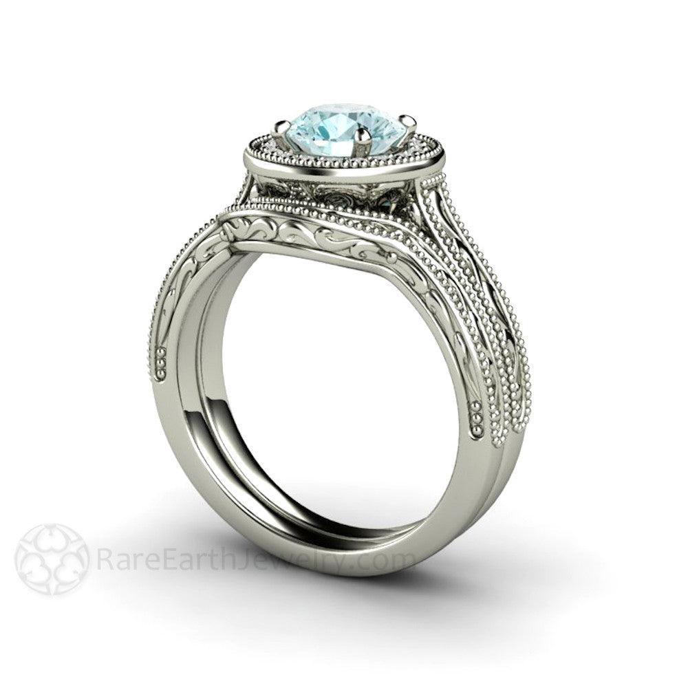 Blue Moissanite Engagement Ring Vintage Engraved Halo, Rare Earth Jewelry