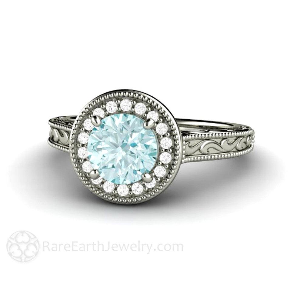 Blue Moissanite Engagement Ring Vintage Engraved Halo, Rare Earth Jewelry