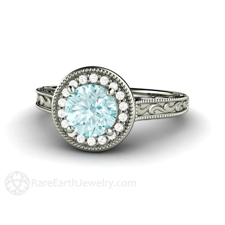 Blue Moissanite Engagement Ring Vintage Engraved Halo, Rare Earth Jewelry
