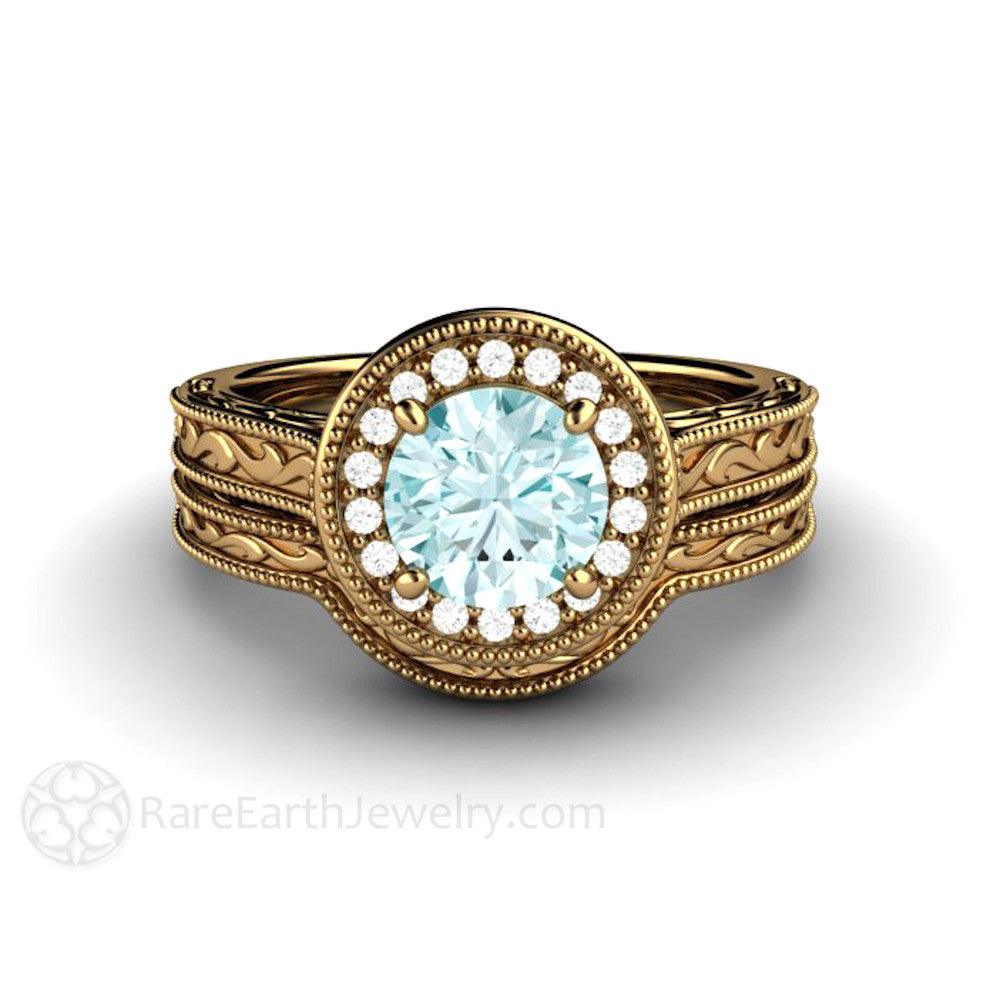Blue Moissanite Engagement Ring Vintage Engraved Halo, Rare Earth Jewelry