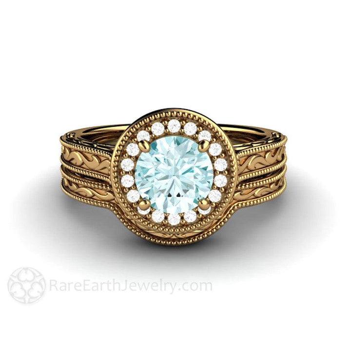 Blue Moissanite Engagement Ring Vintage Engraved Halo, Rare Earth Jewelry