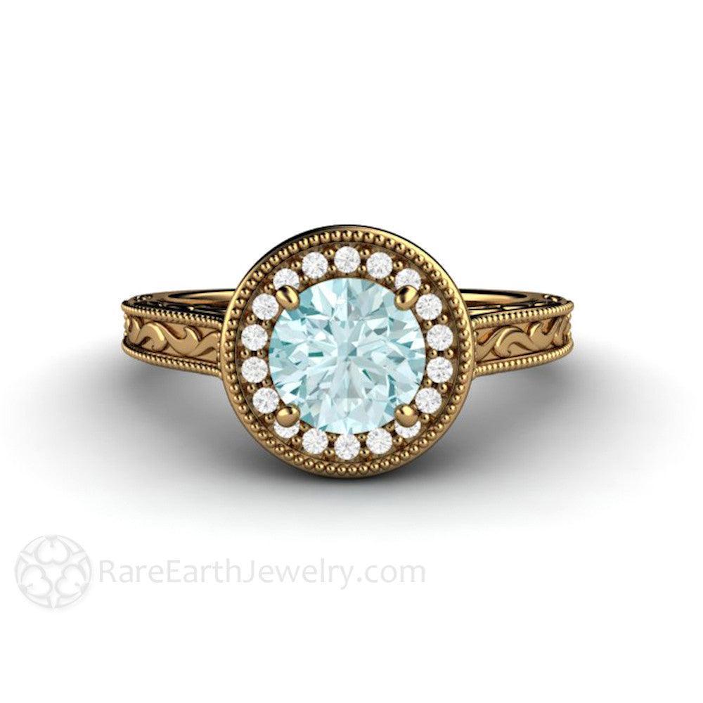 Blue Moissanite Engagement Ring Vintage Engraved Halo, Rare Earth Jewelry