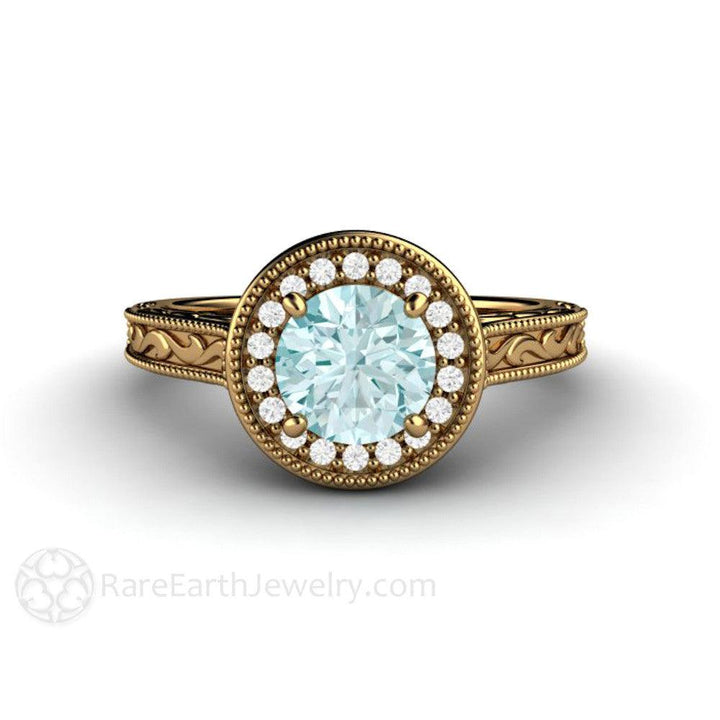 Blue Moissanite Engagement Ring Vintage Engraved Halo, Rare Earth Jewelry