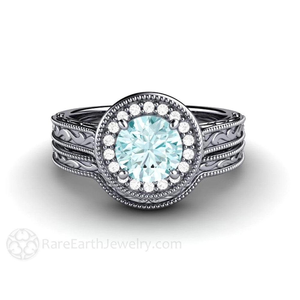 Blue Moissanite Engagement Ring Vintage Engraved Halo, Rare Earth Jewelry