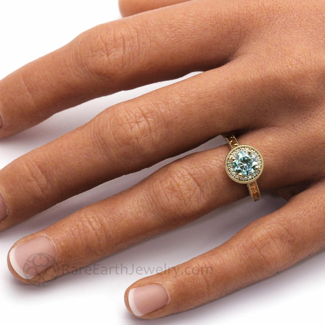 Blue Moissanite Engagement Ring Vintage Engraved Halo, Rare Earth Jewelry