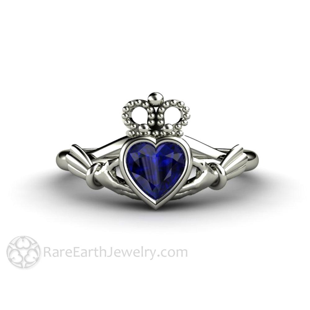 Blue Sapphire Claddagh Ring Celtic Engagement Ring Irish Jewelry, Rare Earth Jewelry