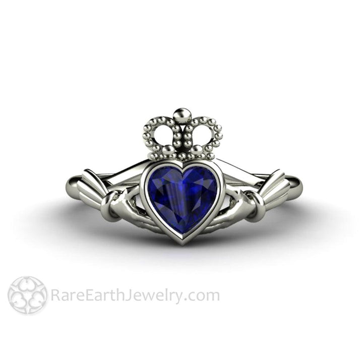 Blue Sapphire Claddagh Ring Celtic Engagement Ring Irish Jewelry, Rare Earth Jewelry