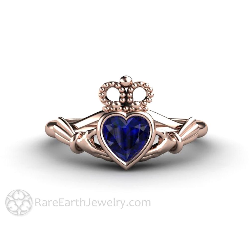 Blue Sapphire Claddagh Ring Celtic Engagement Ring Irish Jewelry, Rare Earth Jewelry