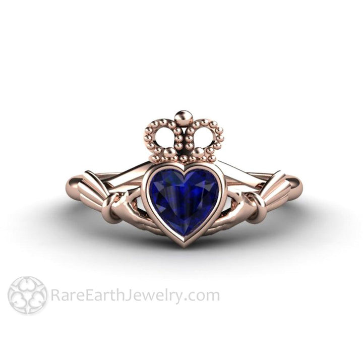 Blue Sapphire Claddagh Ring Celtic Engagement Ring Irish Jewelry, Rare Earth Jewelry