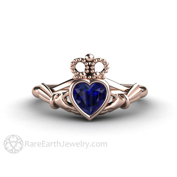 Blue Sapphire Claddagh Ring Celtic Engagement Ring Irish Jewelry 18K Rose Gold - Engagement Only - Rare Earth Jewelry