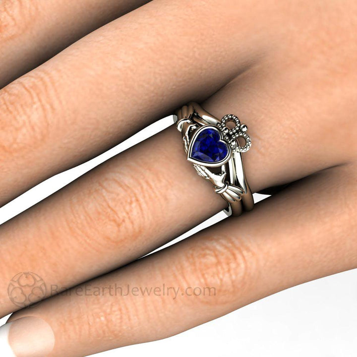 Blue Sapphire Claddagh Ring Celtic Engagement Ring Irish Jewelry, Rare Earth Jewelry