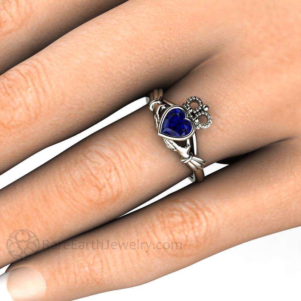 Blue Sapphire Claddagh Ring Celtic Engagement Ring Irish Jewelry, Rare Earth Jewelry