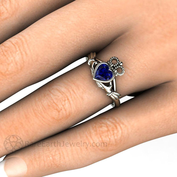 Blue Sapphire Claddagh Ring Celtic Engagement Ring Irish Jewelry, Rare Earth Jewelry