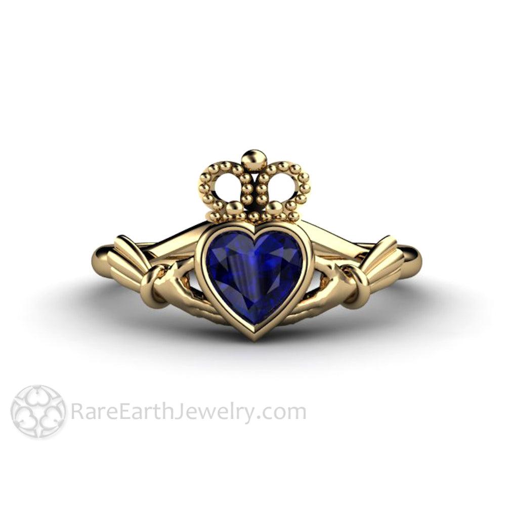 Blue Sapphire Claddagh Ring Celtic Engagement Ring Irish Jewelry, Rare Earth Jewelry