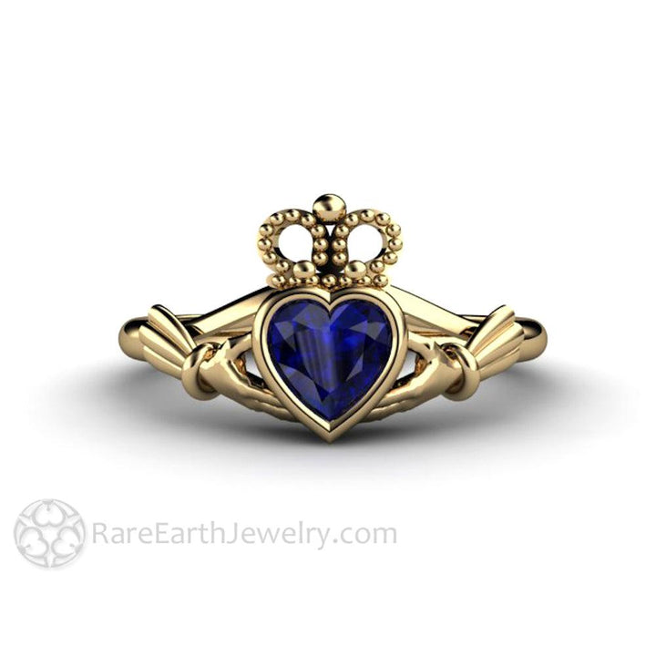 Blue Sapphire Claddagh Ring Celtic Engagement Ring Irish Jewelry, Rare Earth Jewelry