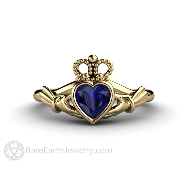 Blue Sapphire Claddagh Ring Celtic Engagement Ring Irish Jewelry 14K Yellow Gold - Engagement Only - Rare Earth Jewelry