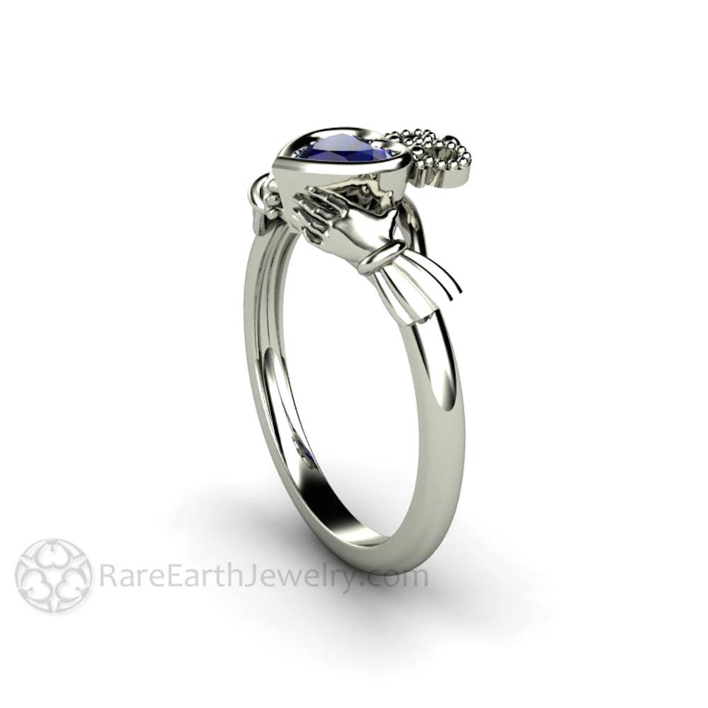 Blue Sapphire Claddagh Ring Celtic Engagement Ring Irish Jewelry, Rare Earth Jewelry