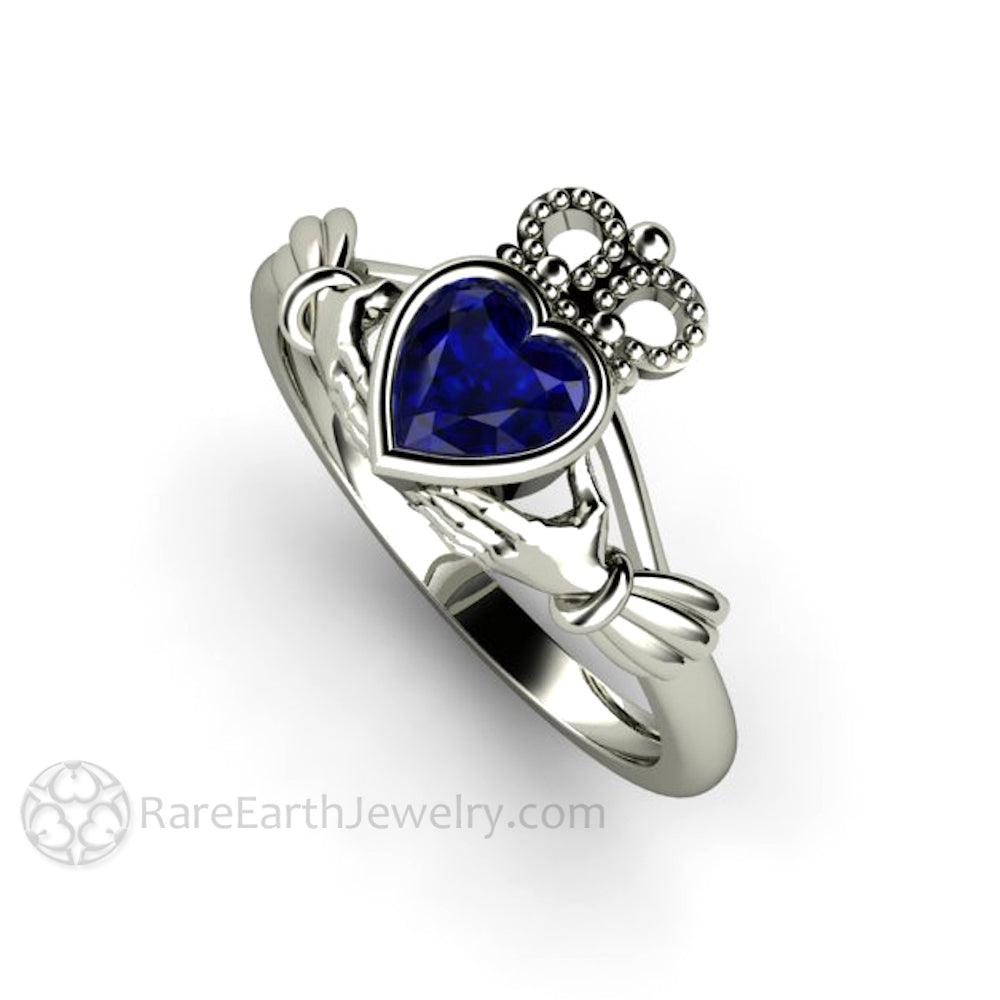 Blue Sapphire Claddagh Ring Celtic Engagement Ring Irish Jewelry, Rare Earth Jewelry