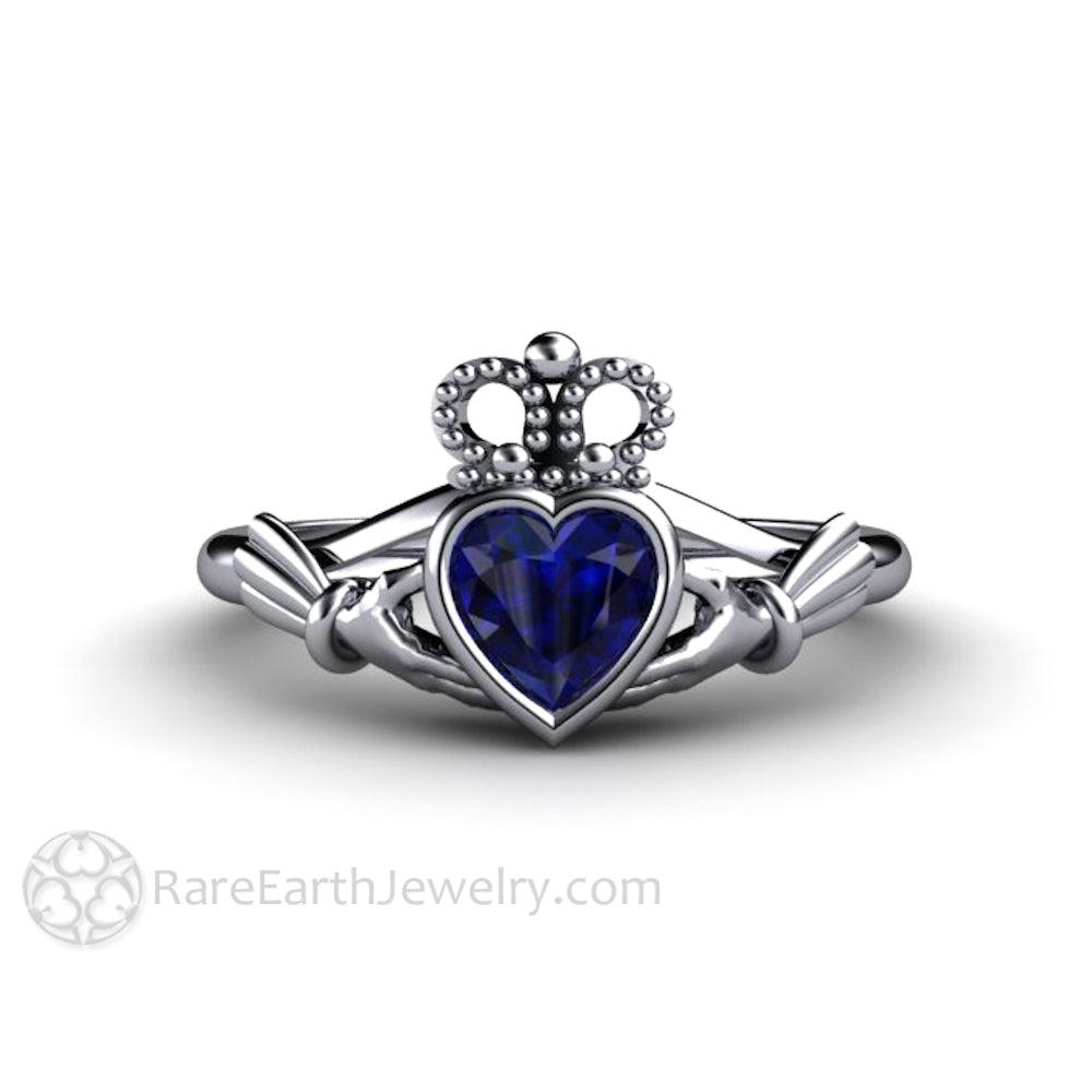 Blue Sapphire Claddagh Ring Celtic Engagement Ring Irish Jewelry, Rare Earth Jewelry