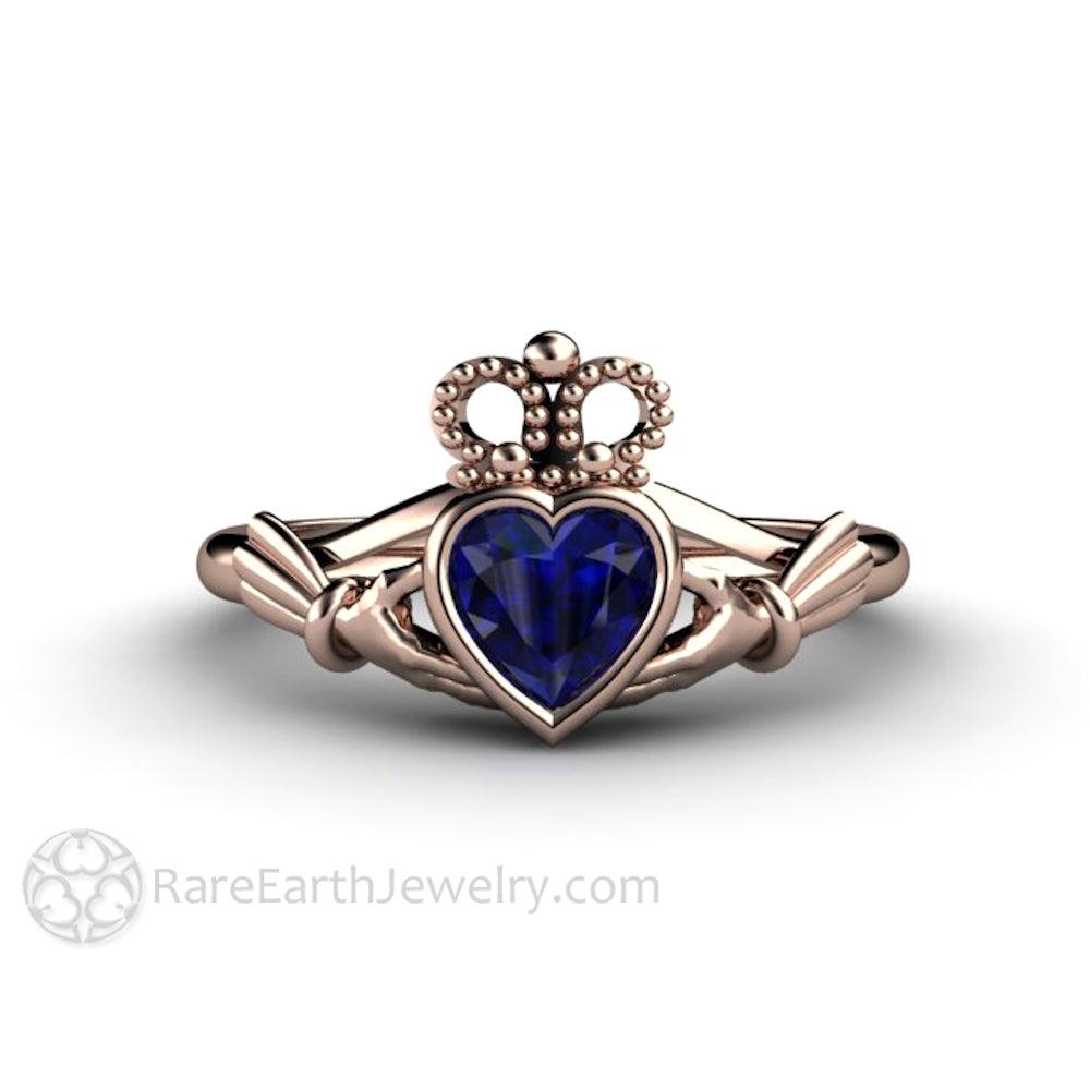Blue Sapphire Claddagh Ring Celtic Engagement Ring Irish Jewelry, Rare Earth Jewelry