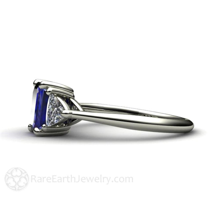 Blue Sapphire Engagement Ring 3 Stone with Diamond Trillions, Rare Earth Jewelry