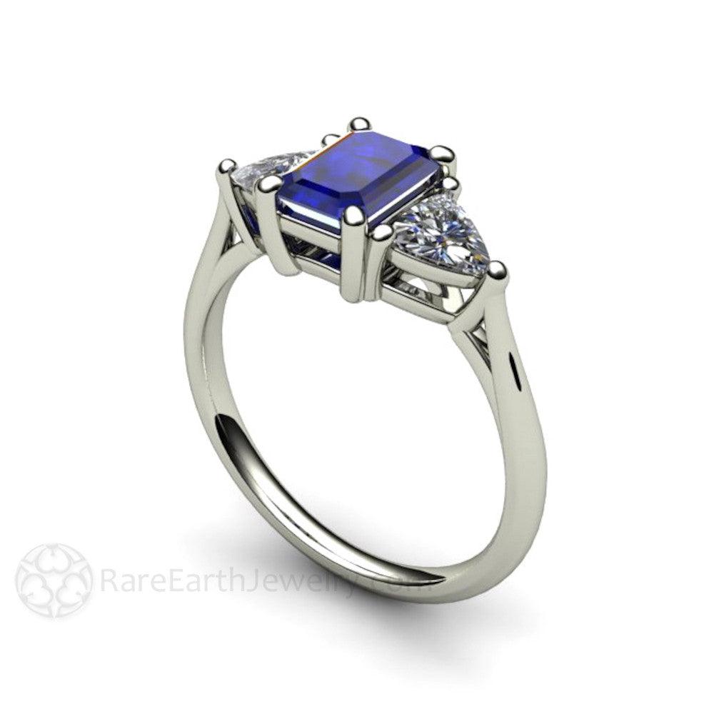 Blue Sapphire Engagement Ring 3 Stone with Diamond Trillions, Rare Earth Jewelry