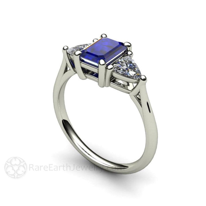 Blue Sapphire Engagement Ring 3 Stone with Diamond Trillions, Rare Earth Jewelry