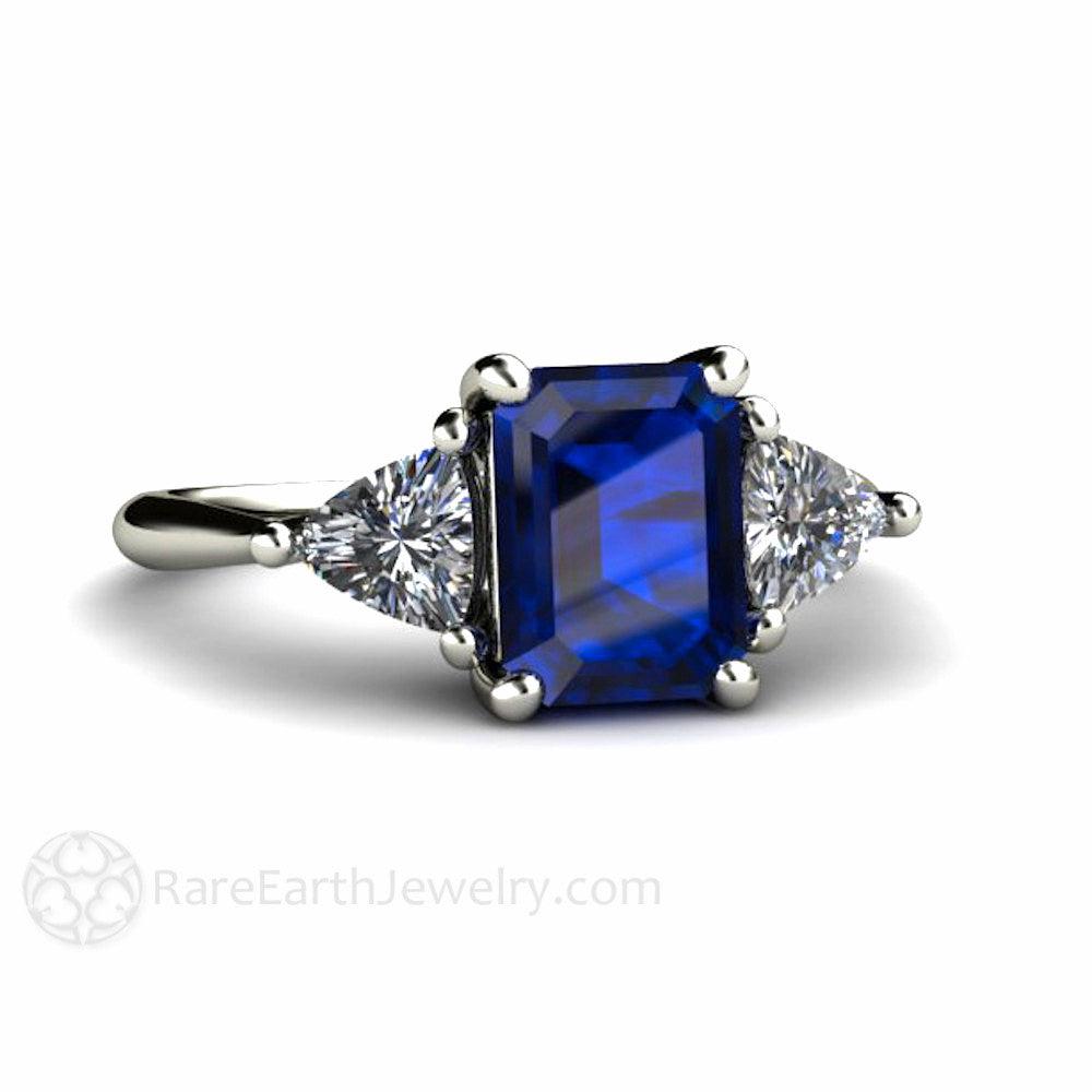 Blue Sapphire Engagement Ring 3 Stone with Diamond Trillions, Rare Earth Jewelry