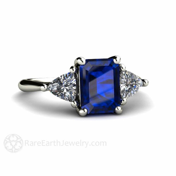 Blue Sapphire Engagement Ring 3 Stone with Diamond Trillions, Rare Earth Jewelry