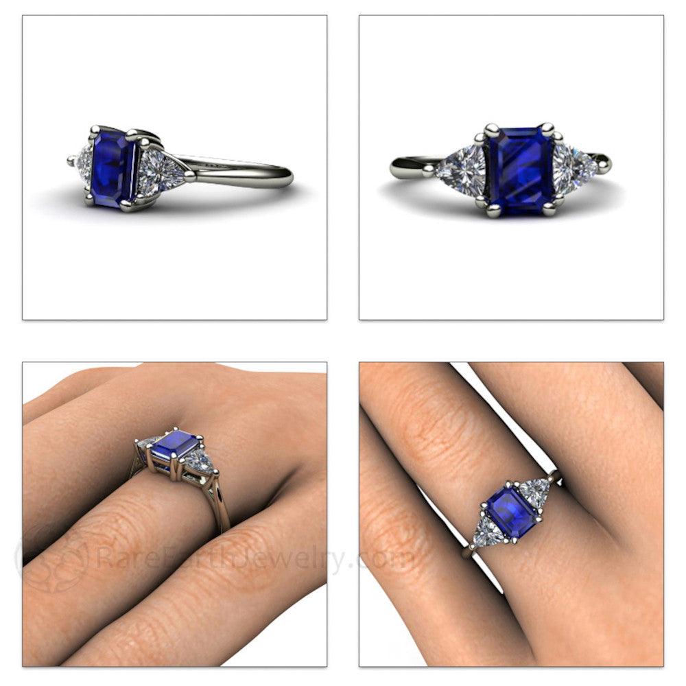 Blue Sapphire Engagement Ring 3 Stone with Diamond Trillions, Rare Earth Jewelry