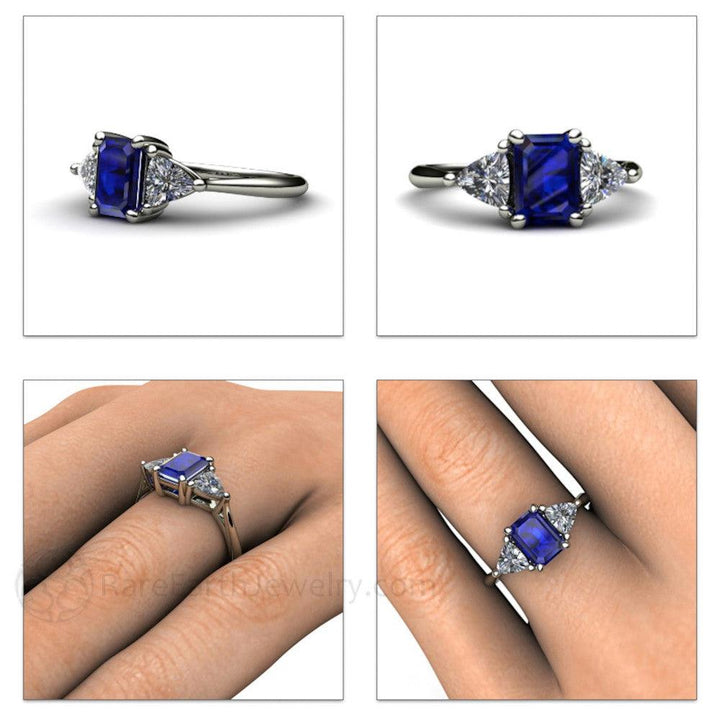 Blue Sapphire Engagement Ring 3 Stone with Diamond Trillions, Rare Earth Jewelry