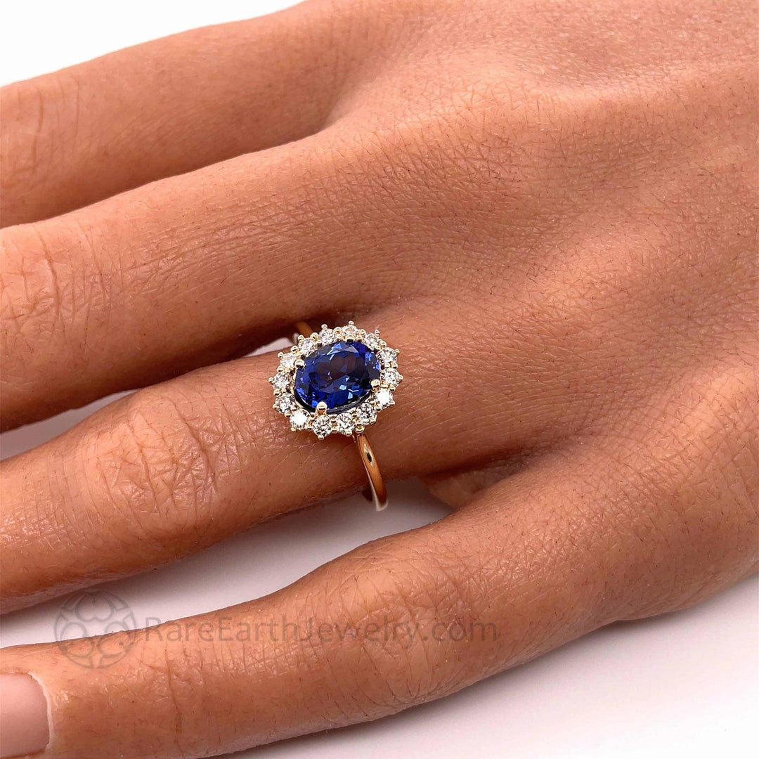 Blue Sapphire Engagement Ring Diamond Halo Oval Cluster, Rare Earth Jewelry