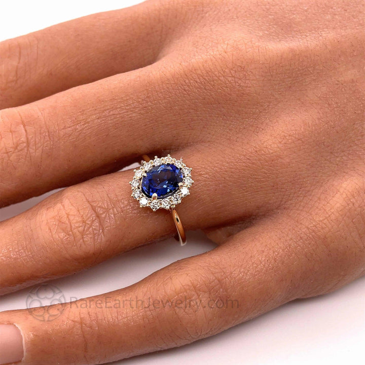 Blue Sapphire Engagement Ring Diamond Halo Oval Cluster, Rare Earth Jewelry