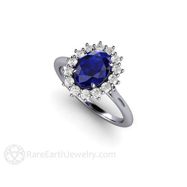 Blue Sapphire Engagement Ring Diamond Halo Oval Cluster, Rare Earth Jewelry
