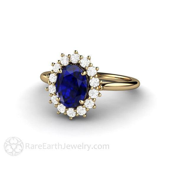 Blue Sapphire Engagement Ring Diamond Halo Oval Cluster, Rare Earth Jewelry