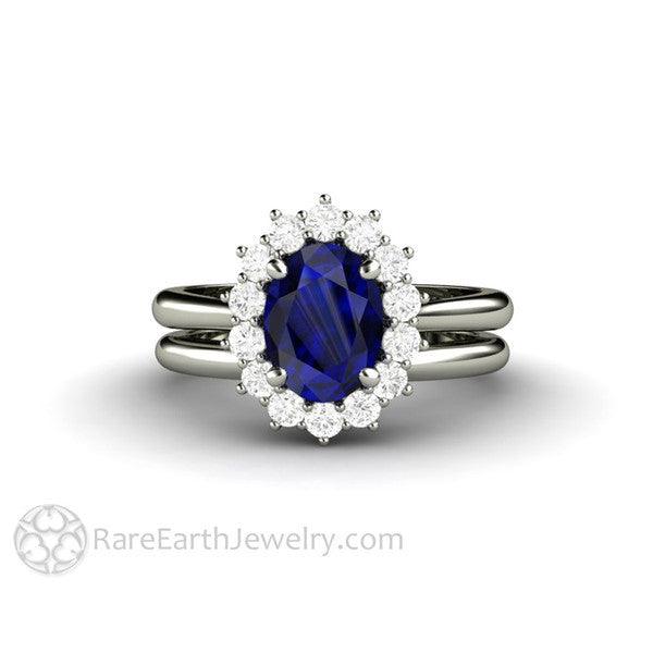 Blue Sapphire Engagement Ring Diamond Halo Oval Cluster, Rare Earth Jewelry