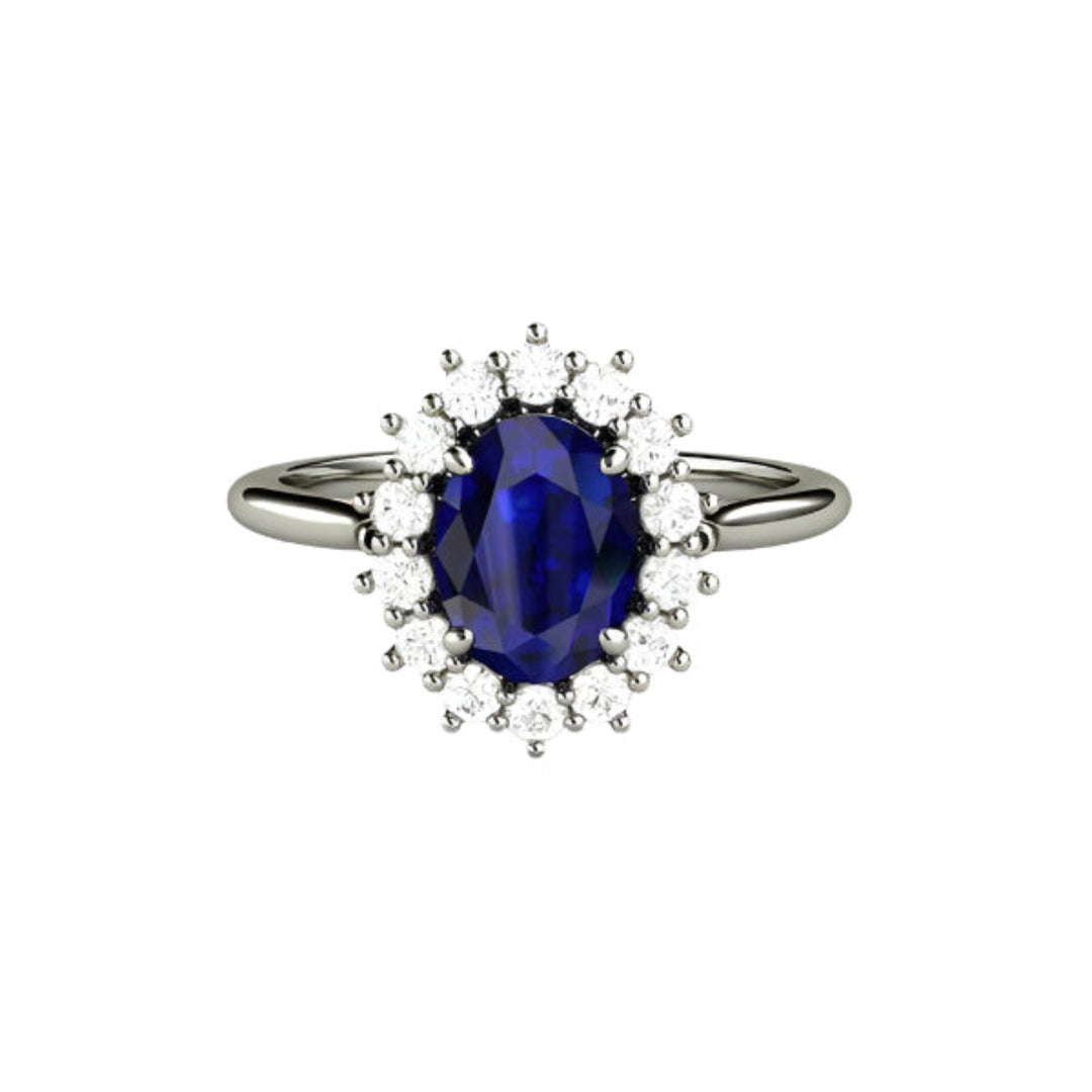 Blue Sapphire Engagement Ring Diamond Halo Oval Cluster, Rare Earth Jewelry